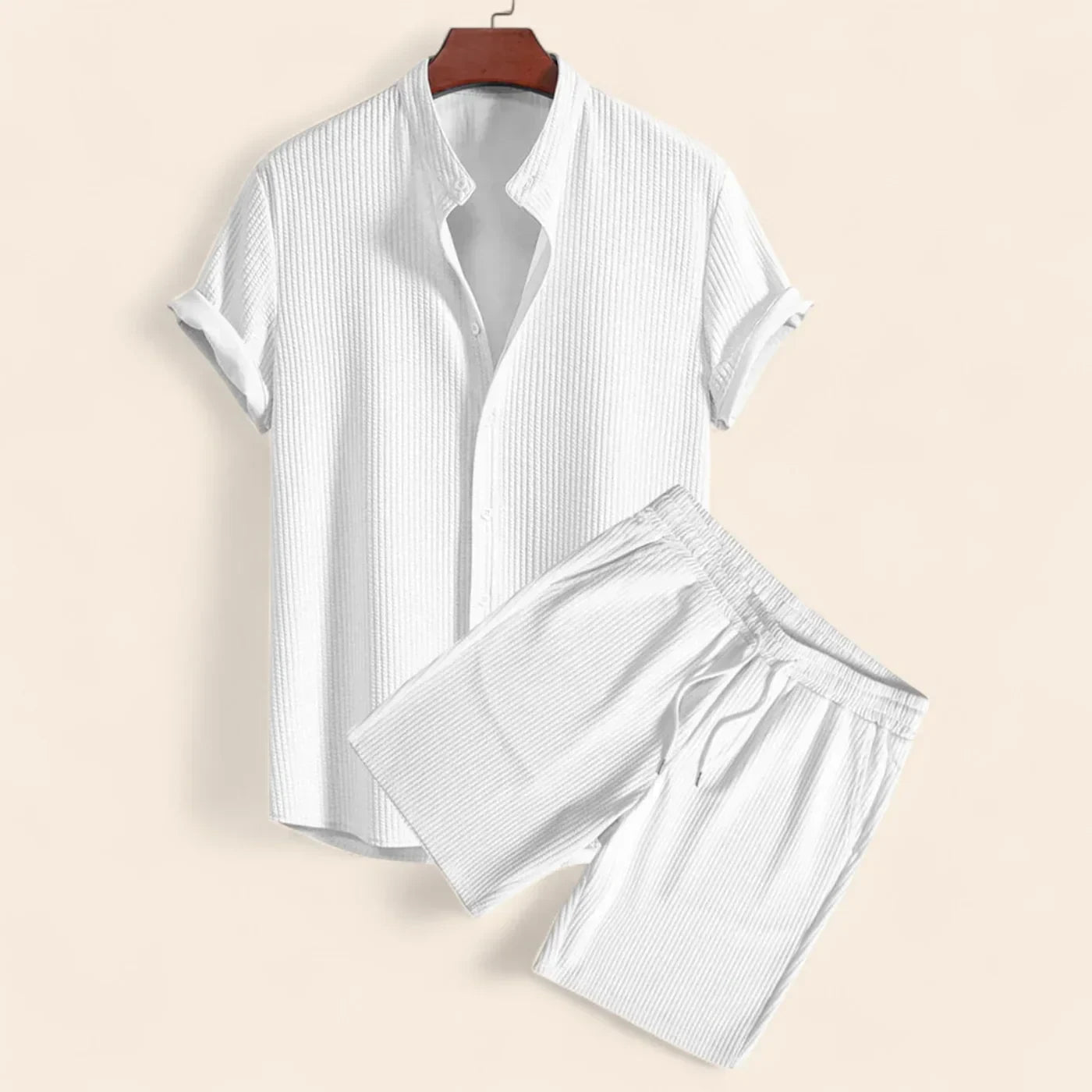 Linen Two Piece Set For Men Relaxed Fit Top And Trousers White