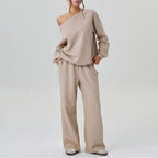 Women's Cozy Off-Shoulder Sweatshirt & Relaxed Wide-Leg Pants Set Beige