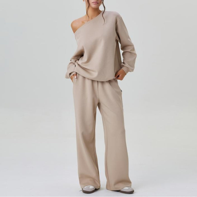 Women's Cozy Off-Shoulder Sweatshirt & Relaxed Wide-Leg Pants Set Beige