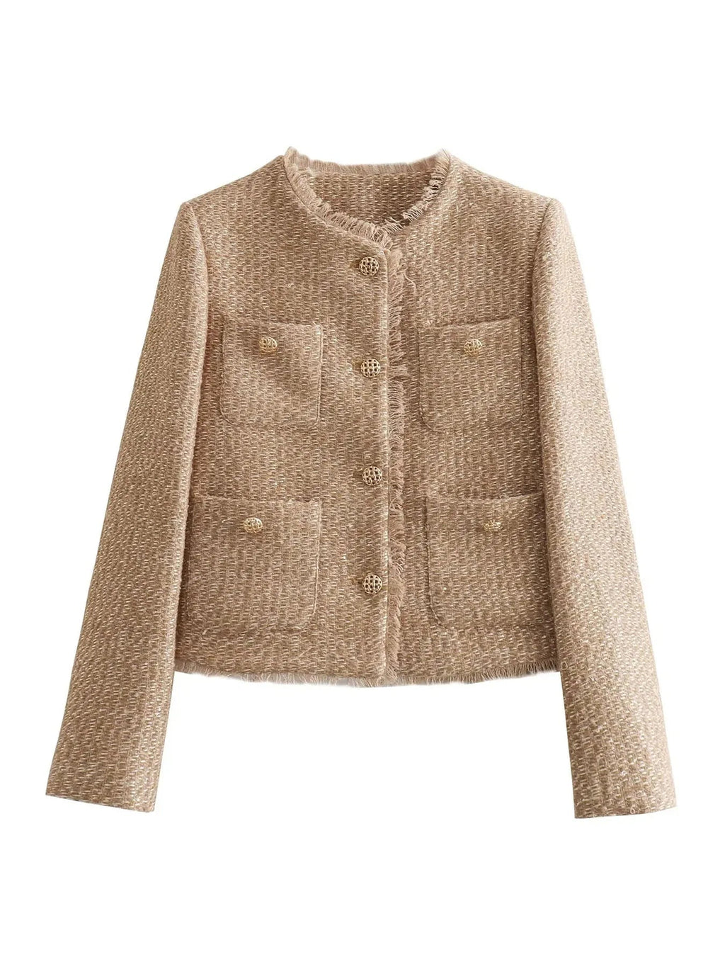 Beige Tweed Jacket With Gold Button Detailing For Women