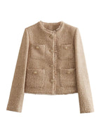 Beige Tweed Jacket With Gold Button Detailing For Women