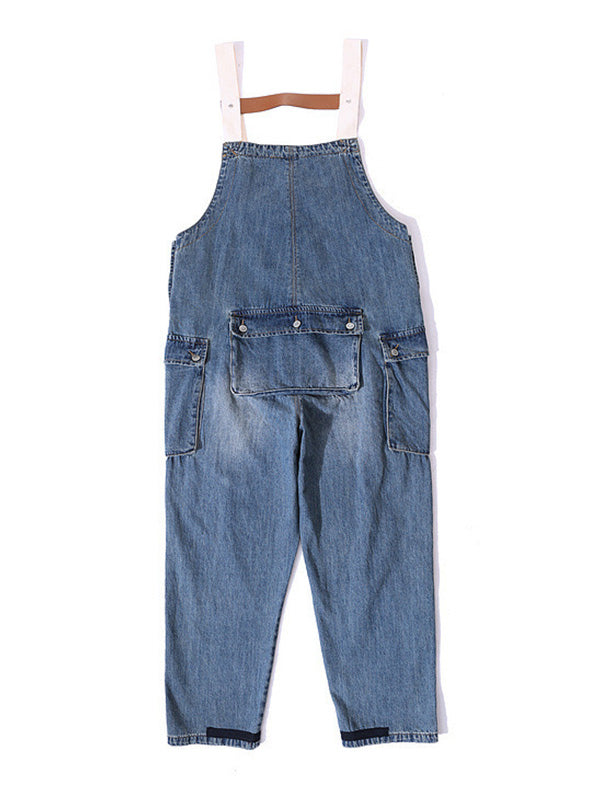 Men's Distressed Denim Multi-Pocket Overalls with Suspenders