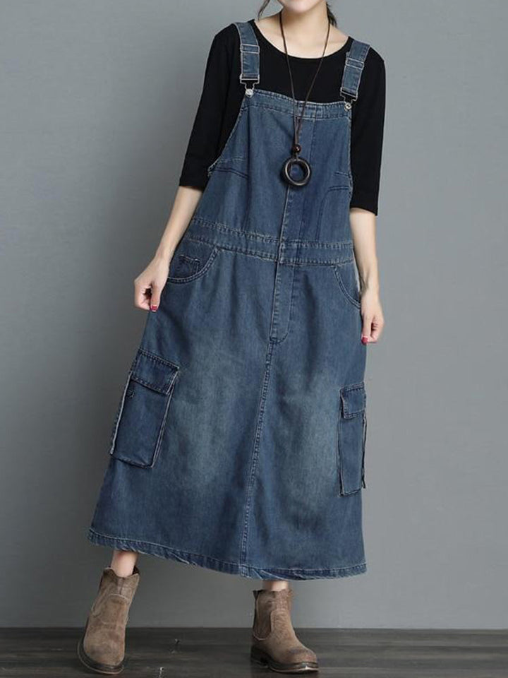 Løs denim overallkjole til kvinder