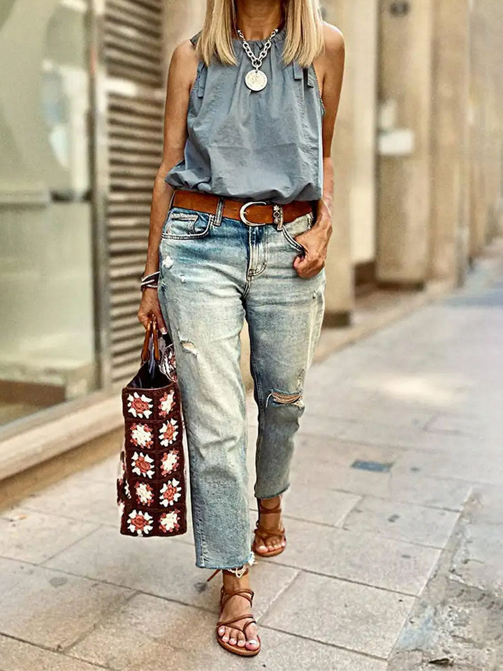 Women's Vintage Wash Distressed Straight-Leg Jeans
