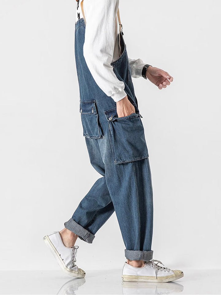 Men's Distressed Denim Multi-Pocket Overalls with Suspenders