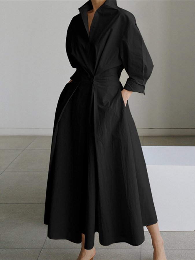Elegant Women's Belted Shirt Maxi Dress