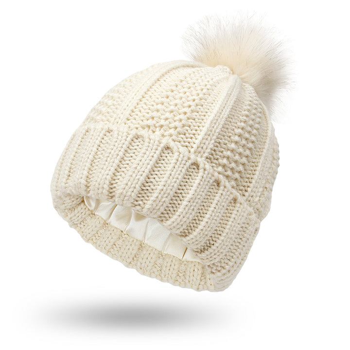 Gorro de punto elegante para mujer con pompón de piel sintética para invierno