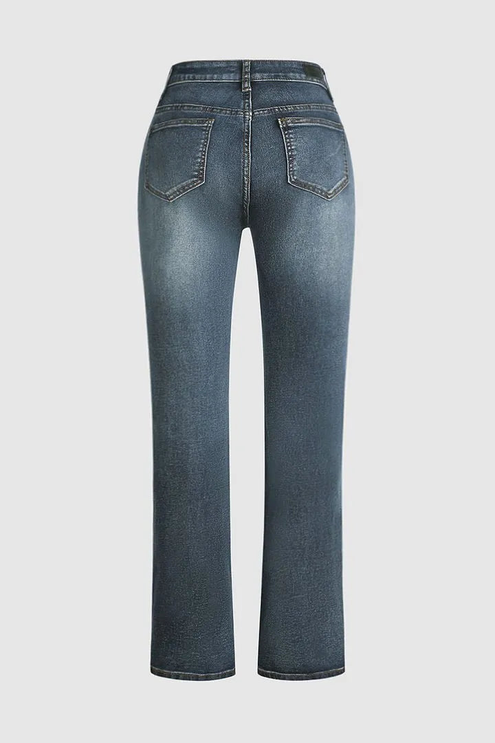 Damejeans med blomsterbroderi, håndbroderet, mellemhøj talje og bootcut
