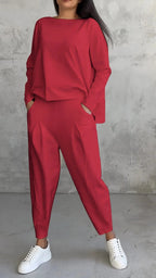 Women's Irregular Long-Sleeve Top & Harem Pants Set Red