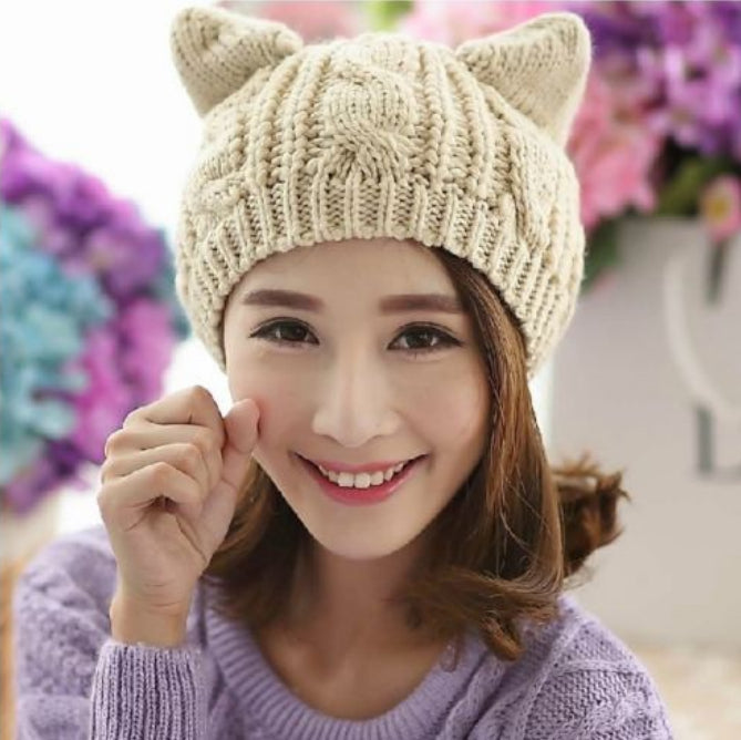 Gorro tejido a mano con orejas de gato 3D lindo para uso en invierno