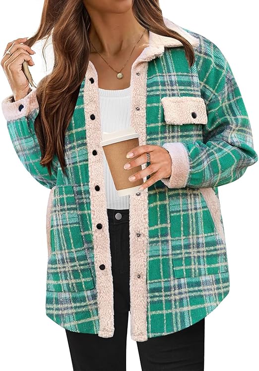 Cozy Plaid Fleece Jacket for Women Green