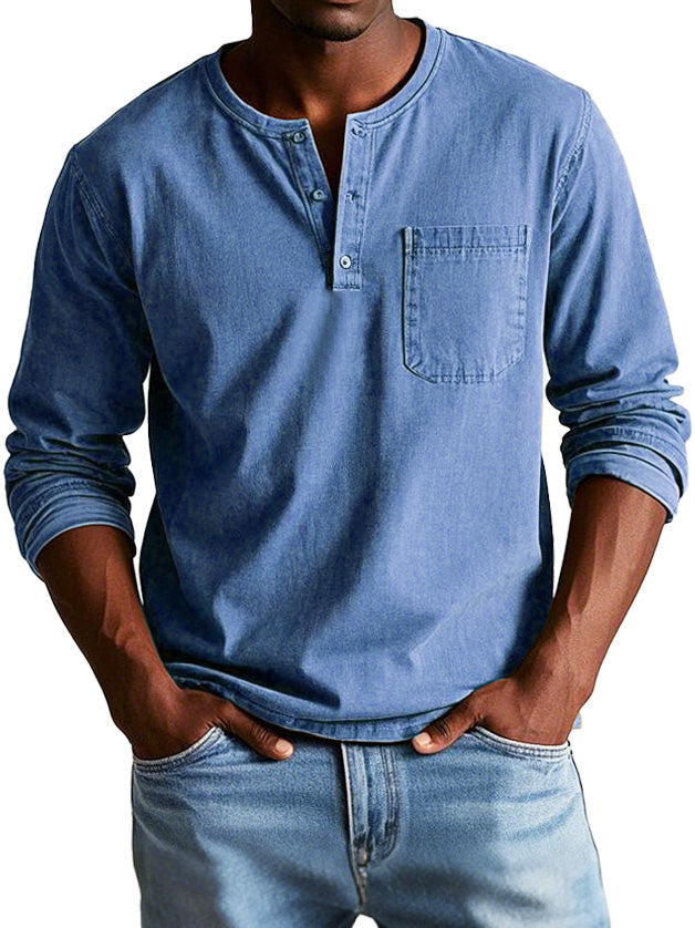 Mens Long Sleeve Henley Shirt Soft Cotton Blend Casual-MODAUTLET