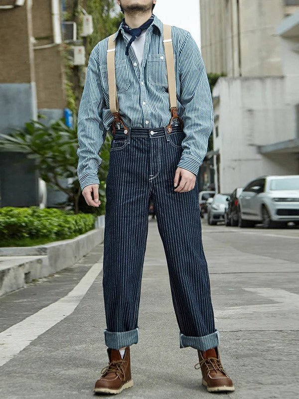 Men's Vintage Striped Straight Denim Suspender Overalls