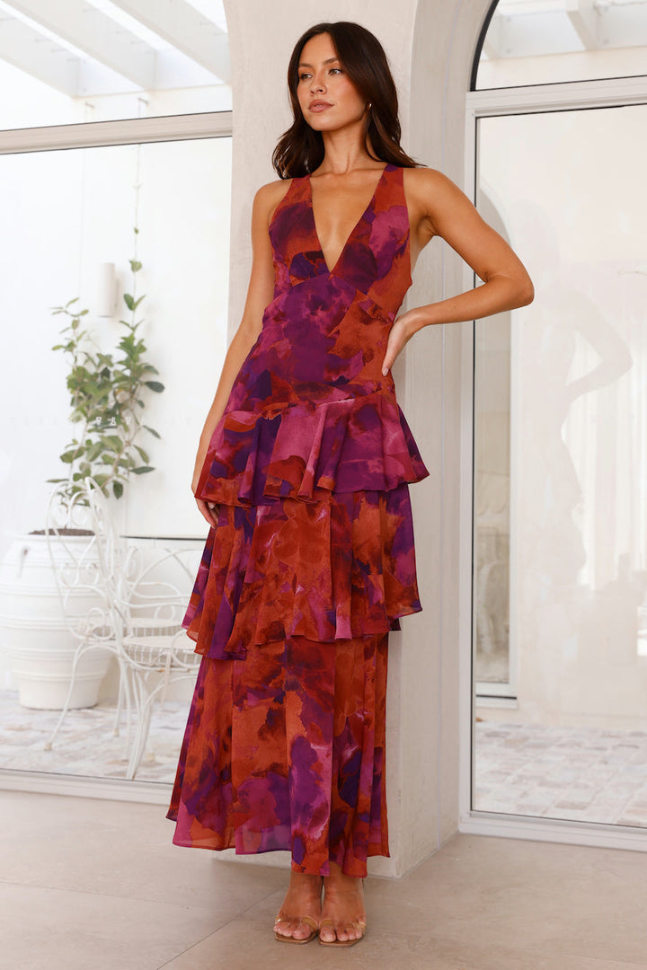 Maria | Kvinders elegant blomster maxi-kjole med lagdelt design