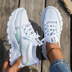 Women's Lightweight Flyknit Mesh Lace-Up Sneakers White Green Gray