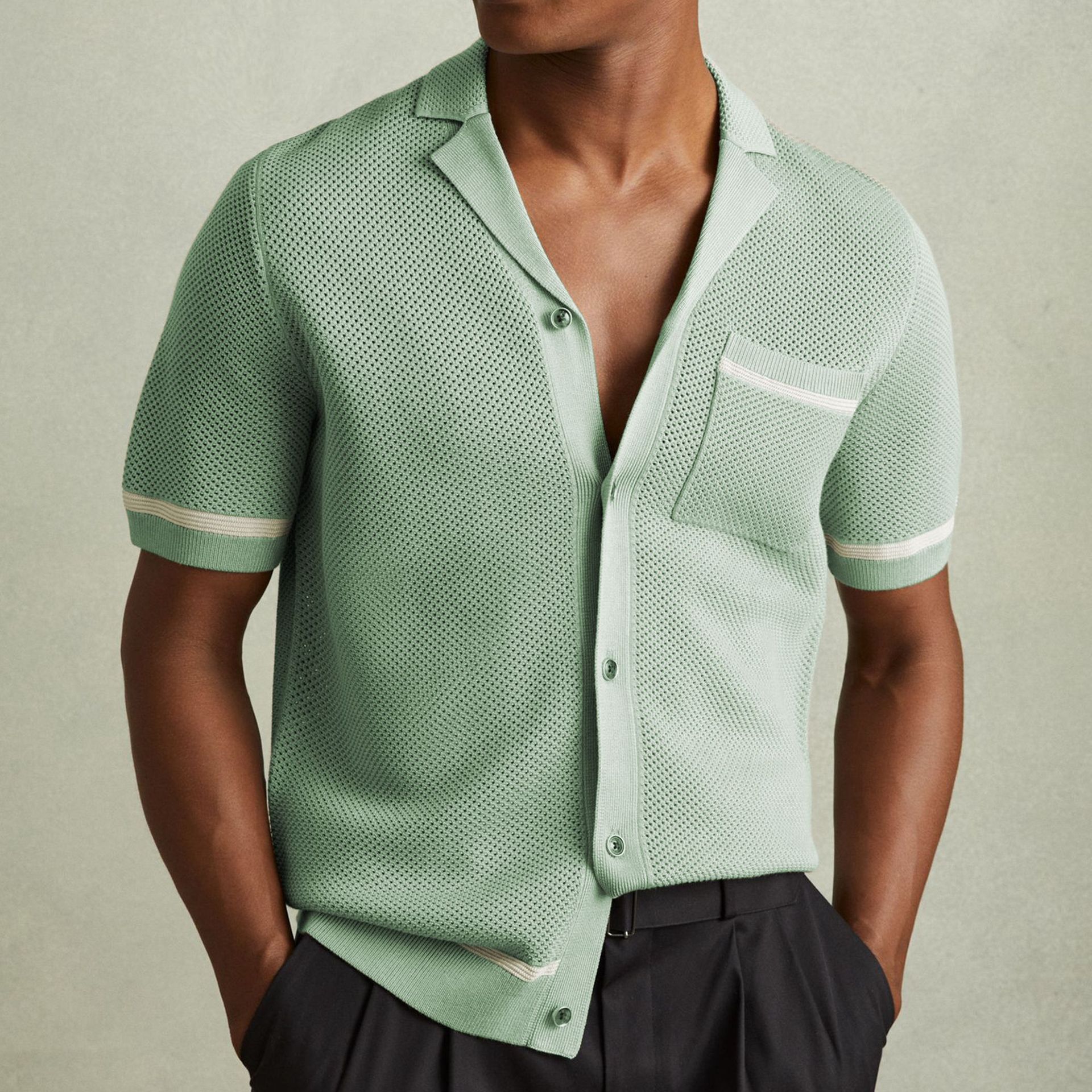 Breathable Mesh Polo Shirt With Cuban Collar For Summer Green
