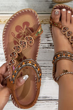 Women's PU Leather Toe Loop Flat Sandals Caramel