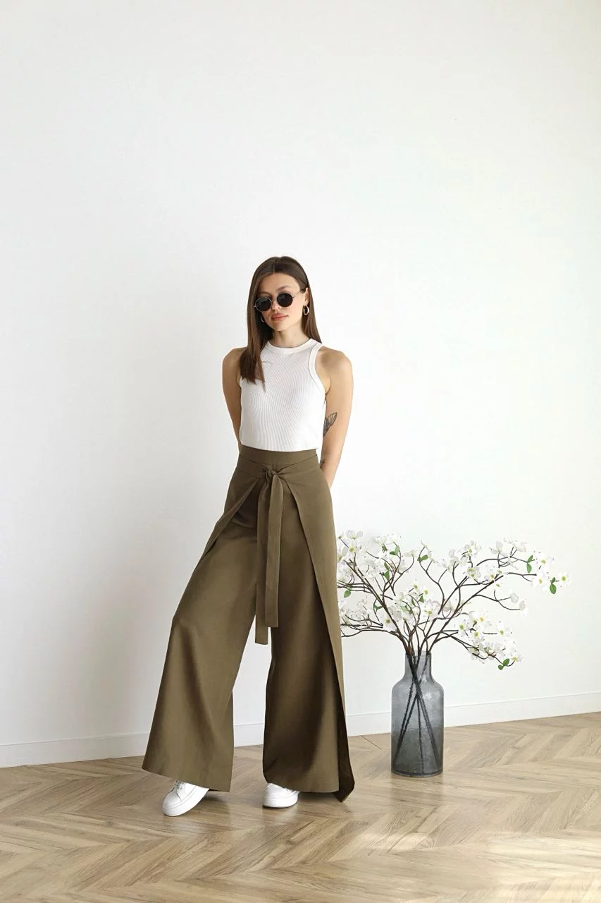 Ophelia | Wide-cut women's linen pants Khaki
