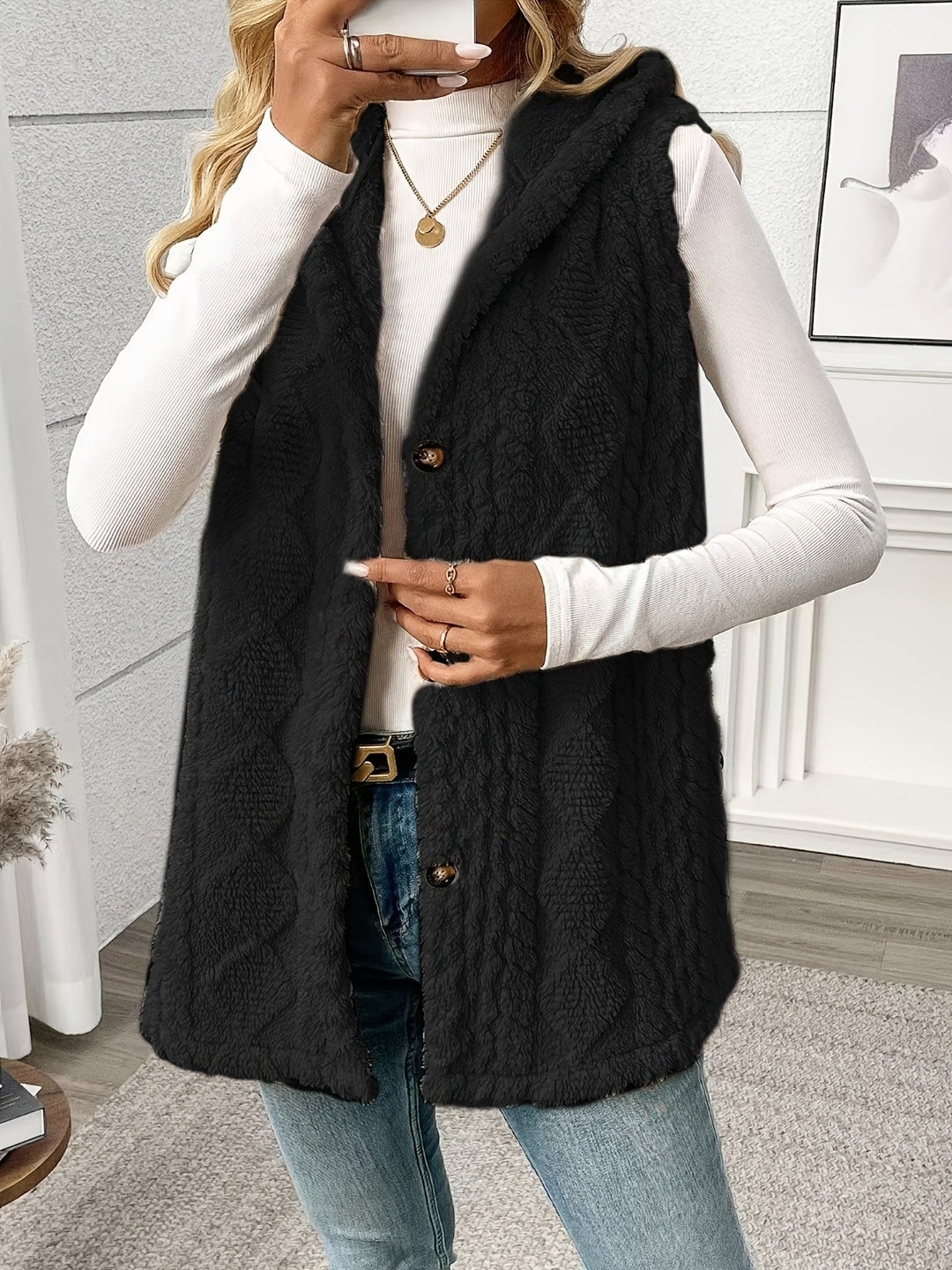 Gilet douillet sans manches à capuche pour femme