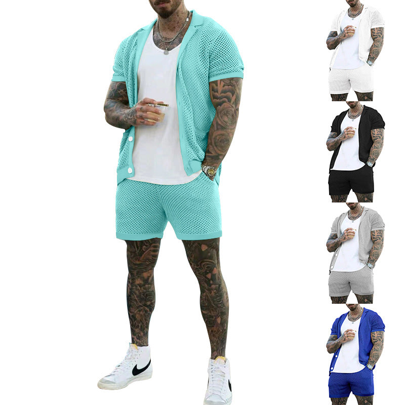 Men's Summer Hollow Short Sleeve Shirt And Shorts Set-MODAUTLET