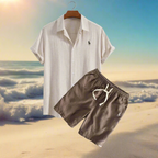 Linen Shirt and Shorts Set for Relaxed Vacation Outfit Beige and Coffee