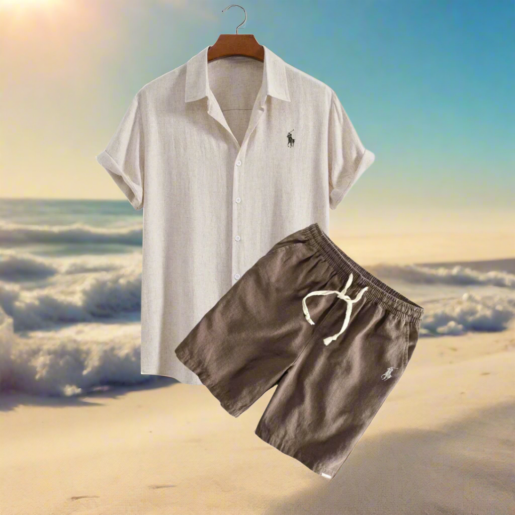 Linen Shirt and Shorts Set for Relaxed Vacation Outfit Beige and Coffee