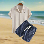 Linen Shirt and Shorts Set for Relaxed Vacation Outfit Beige and Blue