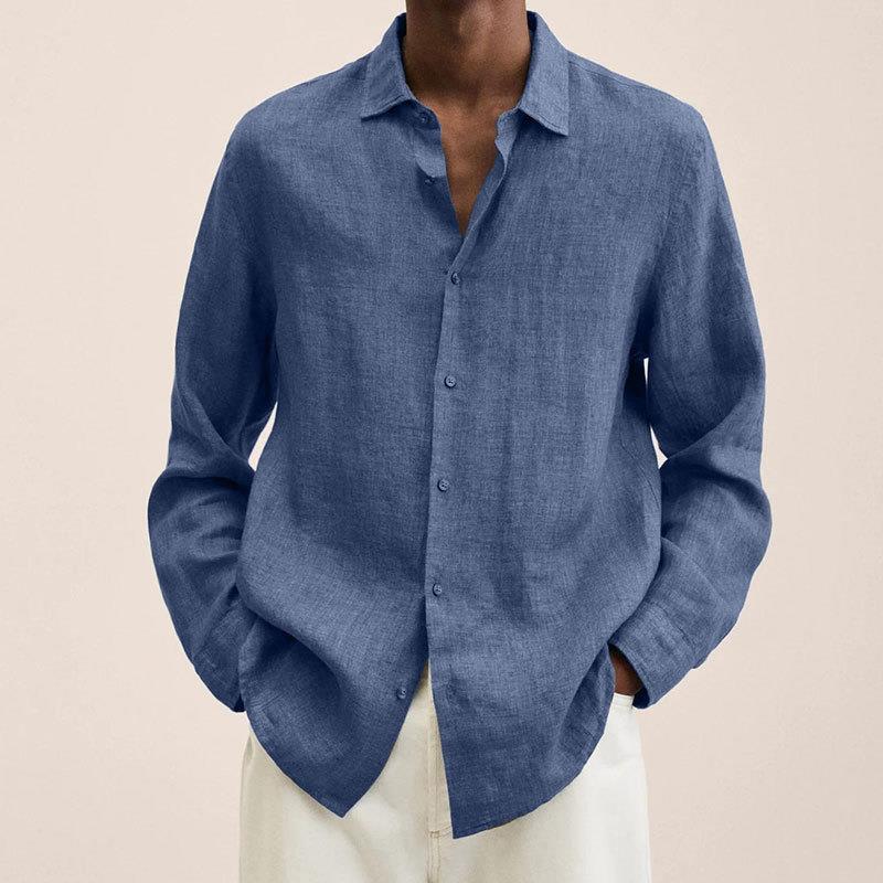 Breathable Linen Shirt For Men Lightweight Casual Style Blue