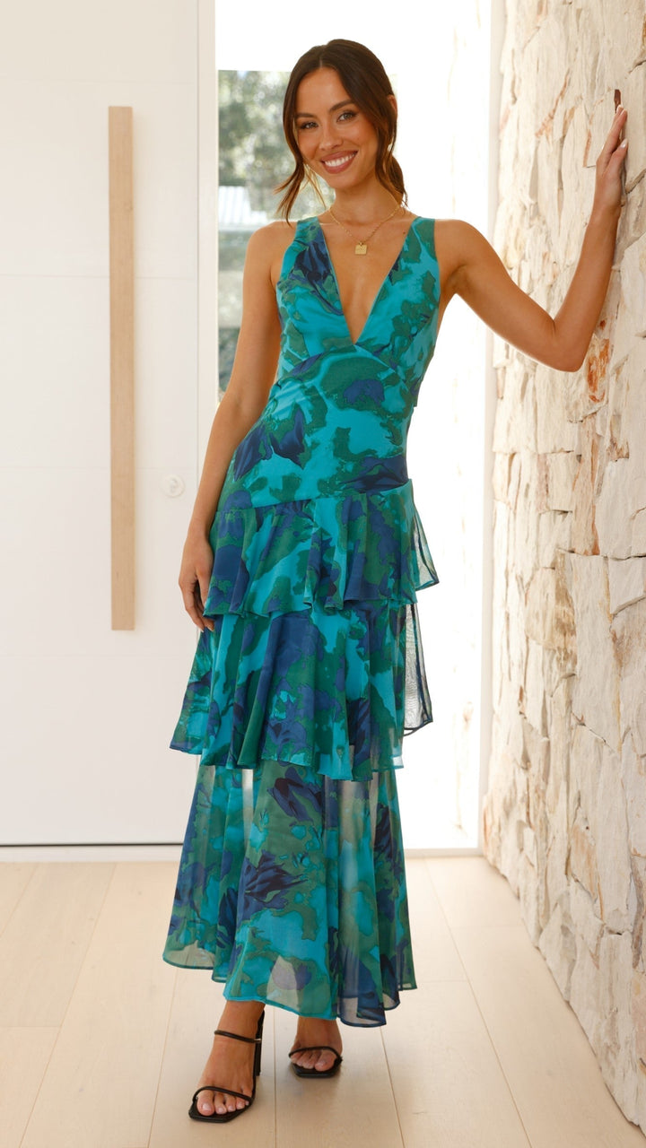 Maria | Kvinders elegant blomster maxi-kjole med lagdelt design