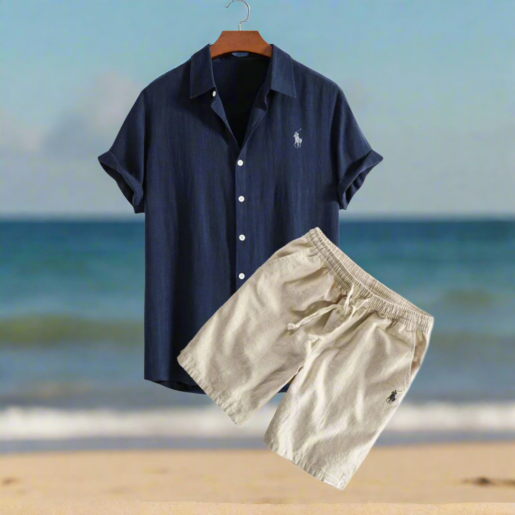 Linen Shirt and Shorts Set for Relaxed Vacation Outfit Navy