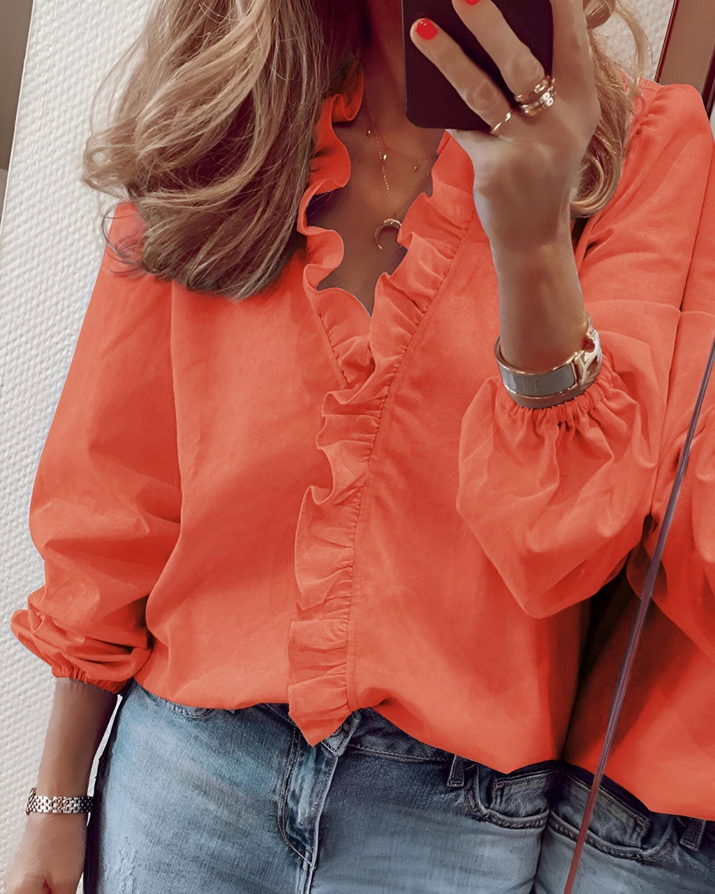 Women's Chic Ruffle-Trim V-Neck Blouse Orange
