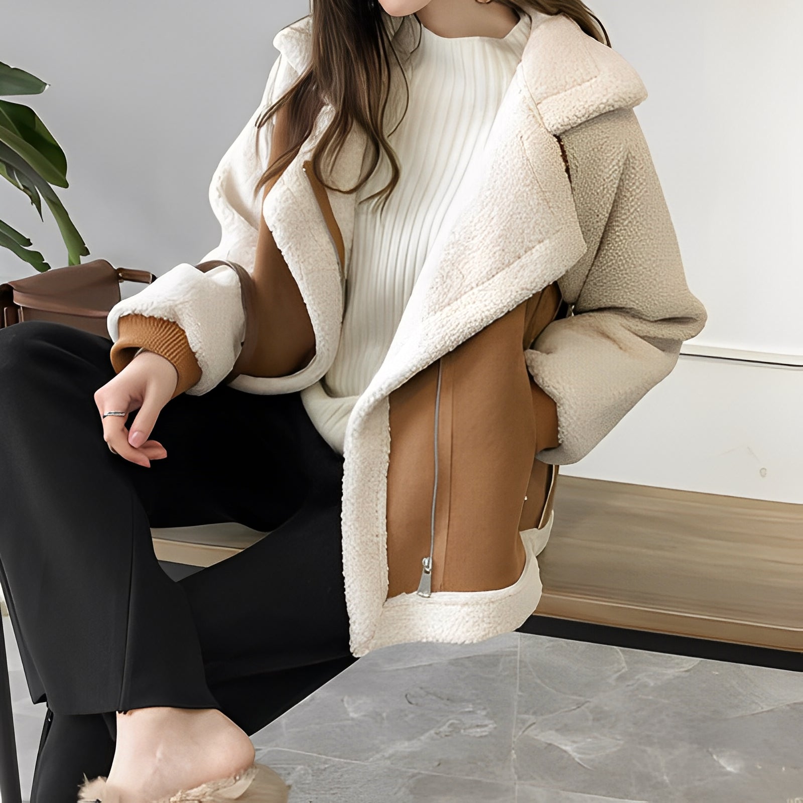 Women Lambskin Moto Jacket Short Cropped Pockets Premium Khaki