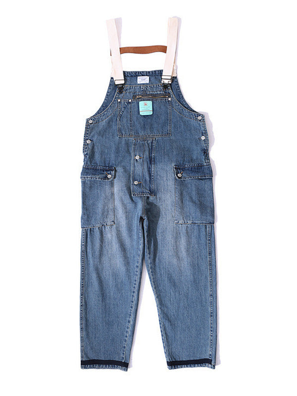 Men's Distressed Denim Multi-Pocket Overalls with Suspenders