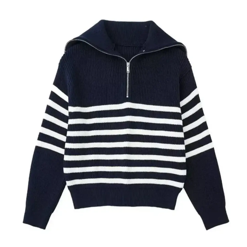 Striped Nordic Zip-Up Sweater Navy Striped