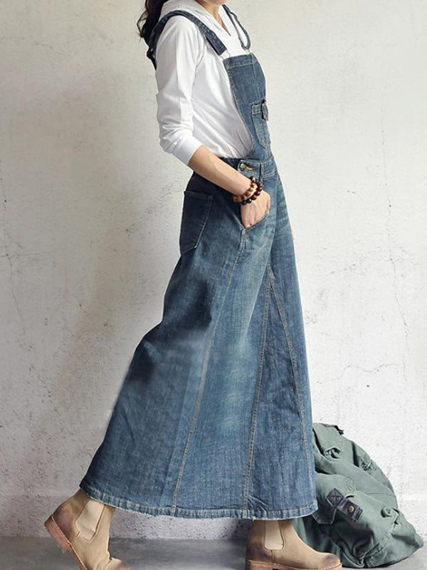 Women's Casual Vintage Back Slit Denim Overall Dress