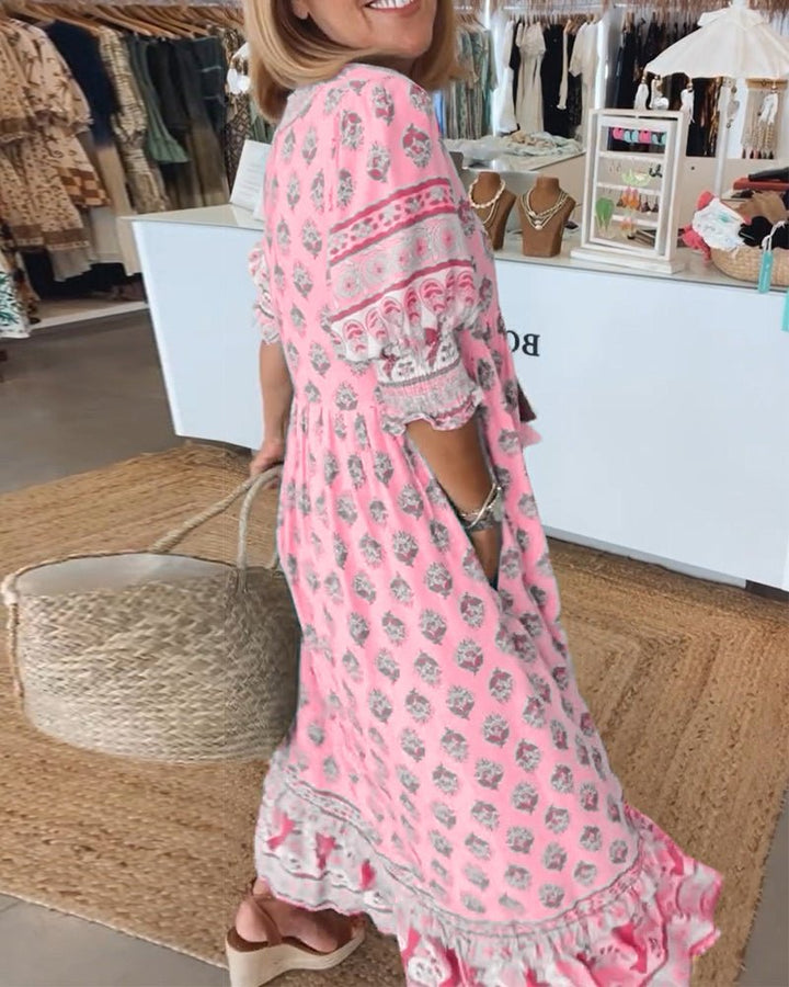 Elizabeth | Vestido midi bohemio para mujer con estampado y lazo de borlas