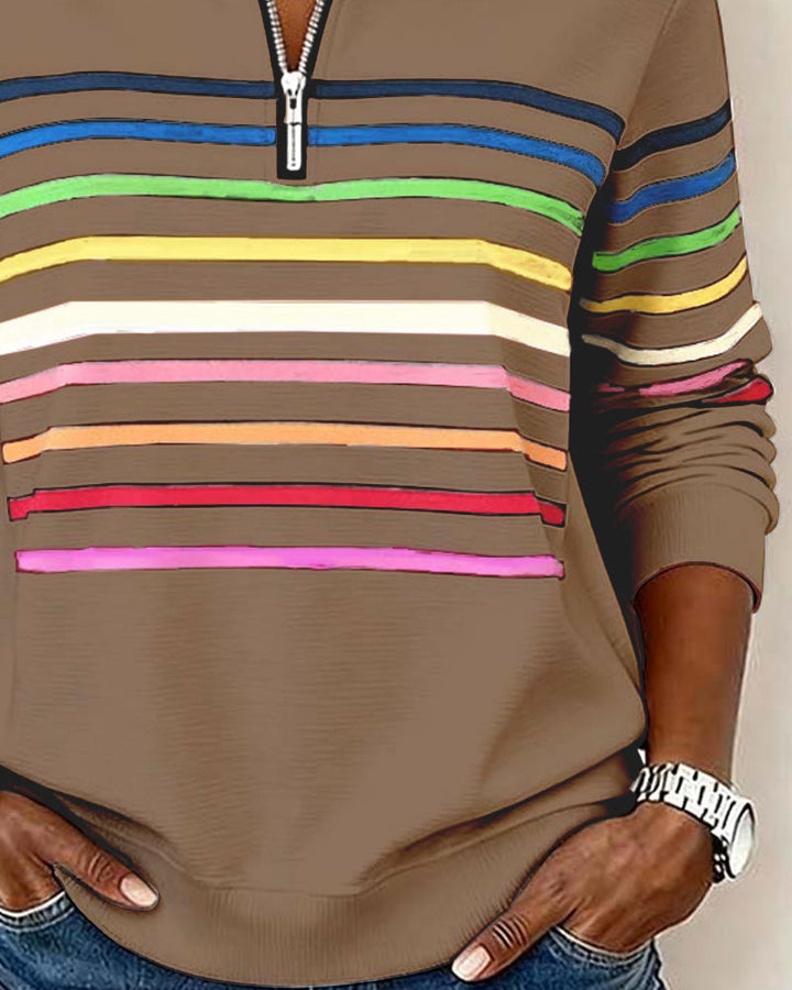 Arcadia | Sweat-shirt pour femme avec demi-fermeture éclair et rayures arc-en-ciel