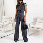 Women's Elegant Smart Casual Set: Relaxed Fit Waist-Length Top & High-Waisted Pleated Palazzo Pants Dark Gray