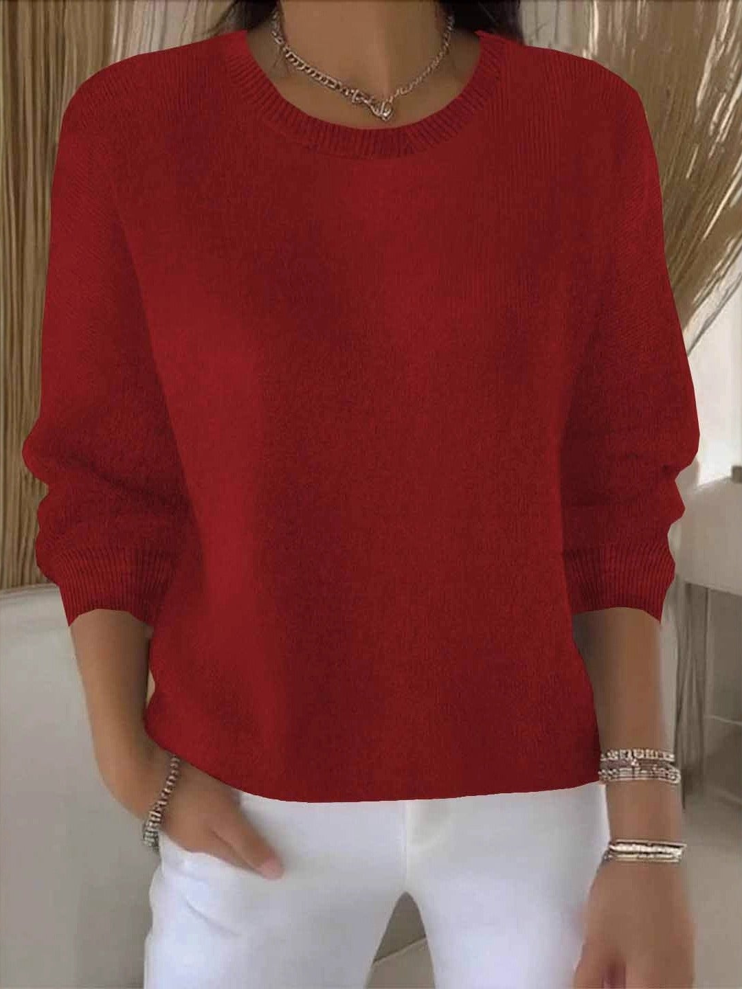 Women's Classic Plain Sweater Red One size