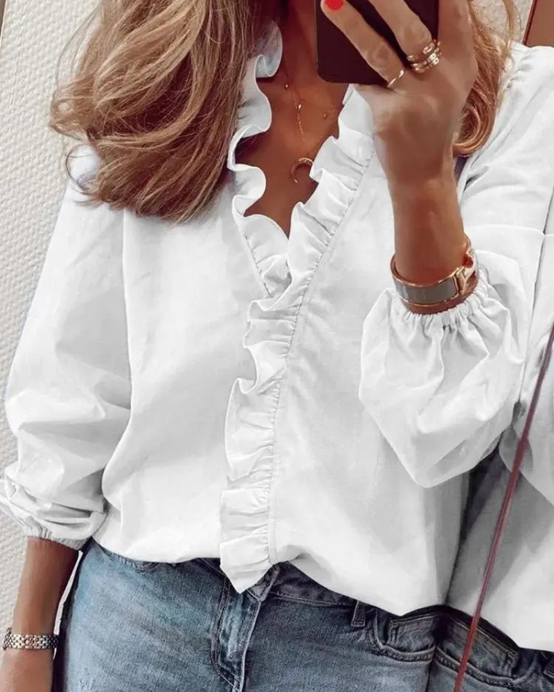 Womens Long Sleeve Ruffled Blouse-MODAUTLET