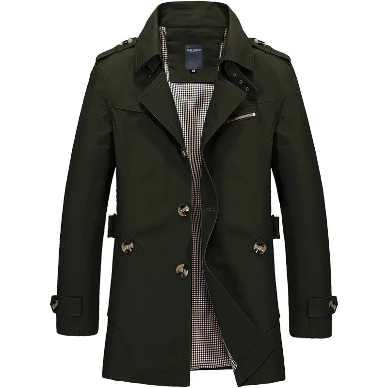 Men's Knee-Length Trench Coat with Belt – Timeless Style & Comfort Green