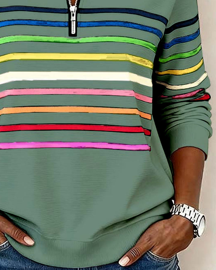 Arcadia | Sweat-shirt pour femme avec demi-fermeture éclair et rayures arc-en-ciel