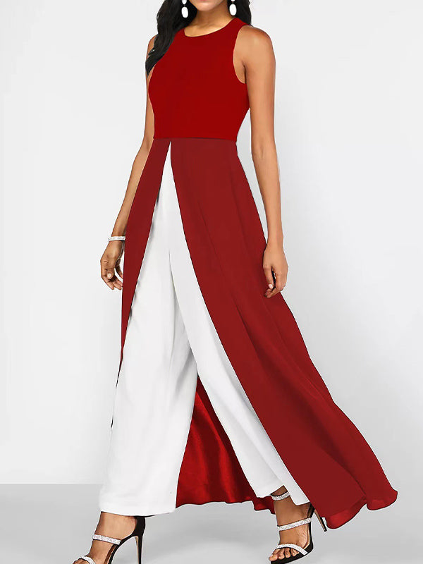 Women's Patchwork Crew Neck Sleeveless Jumpsuit Outfit