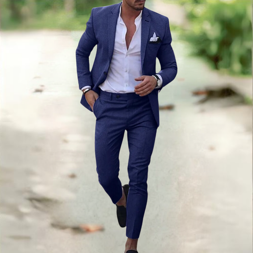 Breathable Linen Suit For Men Summer Two Piece Outfit Marine Blue