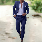 Breathable Linen Suit For Men Summer Two Piece Outfit Marine Blue