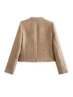 Beige Tweed Jacket With Gold Button Detailing For Women