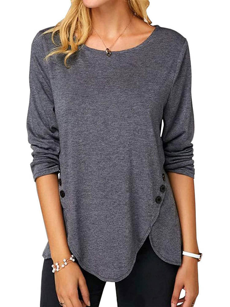 Damen Langarm-Button-Up-T-Shirt mit asymmetrischem Saum