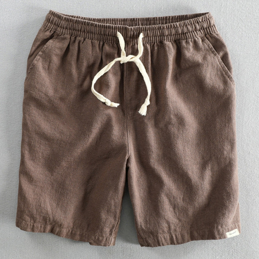 Mens Japan Style Shorts Cotton Blend With Elastic Drawstring Brown