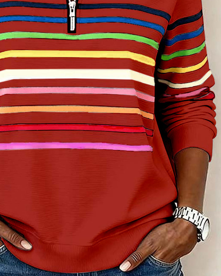 Arcadia | Sweat-shirt pour femme avec demi-fermeture éclair et rayures arc-en-ciel