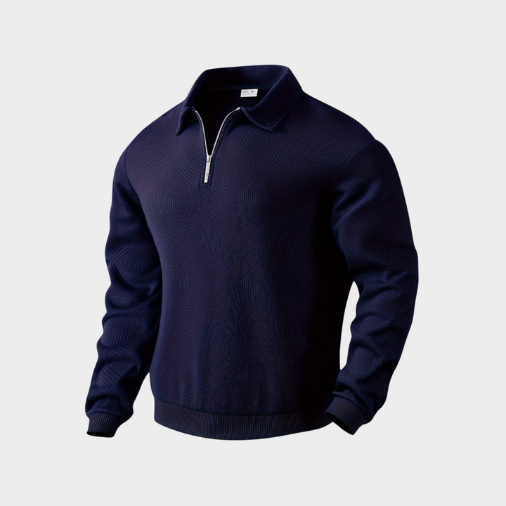 Men's Textured Knit Half-Zip Collared Sweatshirt Navy Blue